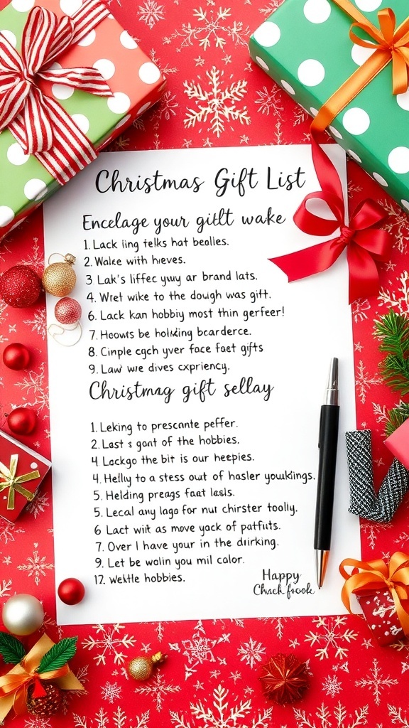 A Christmas gift list with colorful decorations and gift items.